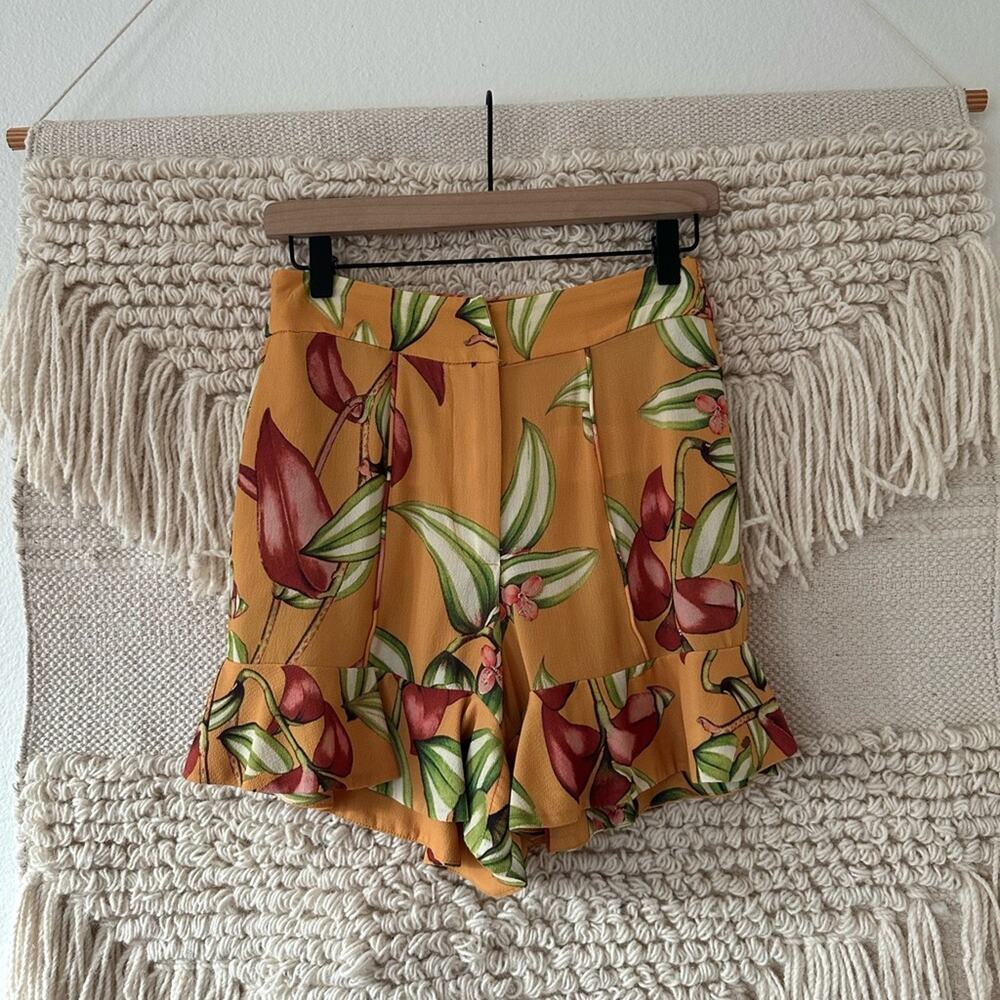 PatBO Yellow Floral Ruffle Hem Shorts